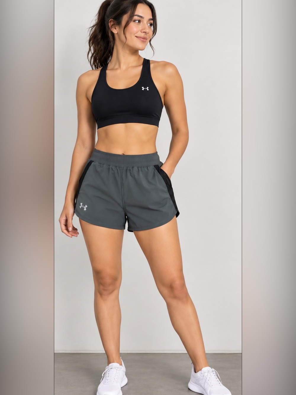 Under Armour HeatGear Women’s Running Shorts Size M Gray Black Mesh